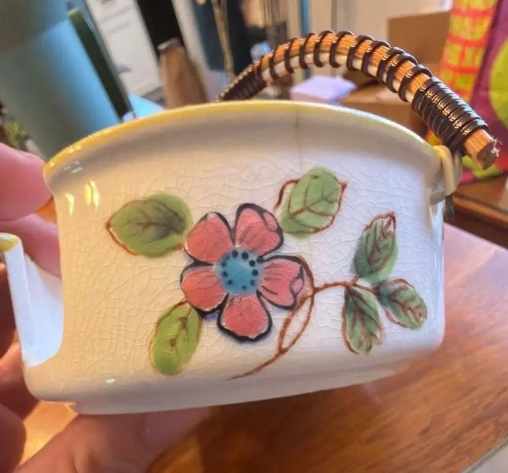 Vintage Hand Painted Ceramic Basket with Removable Tray and Rattan Handle